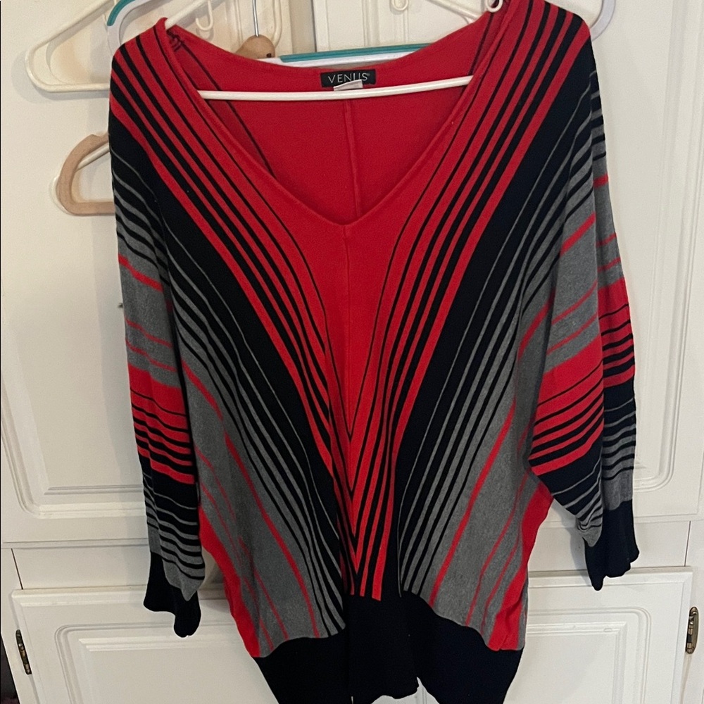 VENUS Women's V-Neck Sweater in Red, Black, and Gray